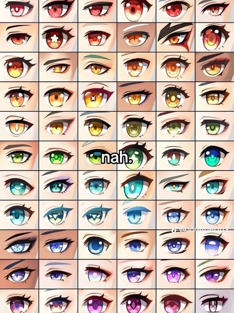 Anime Eye Color Palette, Eye Design Drawing Anime, Genshin Eyes Drawing, Unique Eye Drawings, Eye Types Reference, Female Anime Eyes Reference, Genshin Eyes Reference, Anime Eye Types, Eye Colors Anime