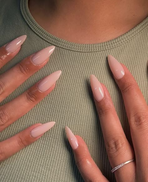 Simple Summer Nails Stiletto, Almondetto Nails, Nude Pink Nails, Nails Long Almond, Long Almond Nails, Bare Nails, Press On Nails Long, Long Almond, Casual Nails