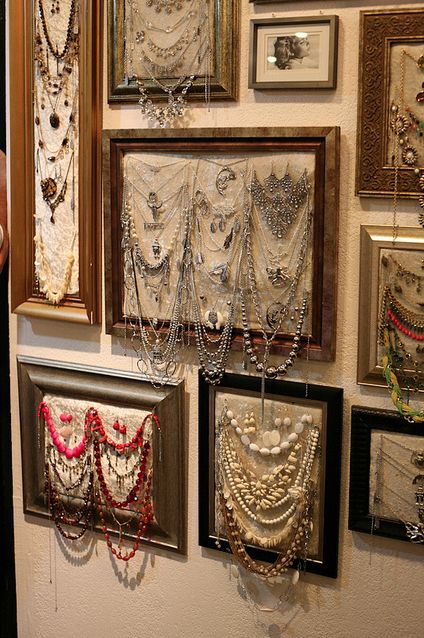 a toned down version of this maybe. i like the picture frame concept. less on them though. jewelry display Jewelry Display Ideas, Walking Closet, Diy Jewelry Display, Framed Pictures, Craft Show Displays, Jewelry Displays, Booth Display, Booth Ideas, Jewelry Storage