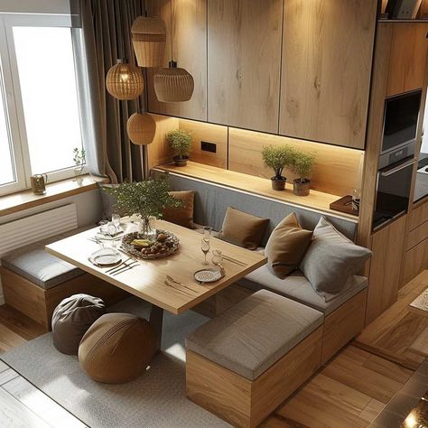 Compact Kitchen Living Room, Small Kitchen With Dining Room, Living Room Eat Table, Dining Tables Against The Wall, Cabinets Behind Dining Table, Dining Room For Apartment, Mini Living Room Decor, Living Room Design With Dining Table, Living Room With Eating Table