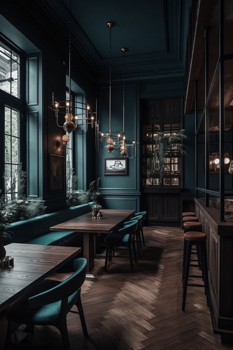 Beautiful Bars Design, Pub Ceiling Design, Black Walls Restaurant, Dark Restaurant Interior Design, Modern Tavern Design, Dark Green Pub Interior, Dark Green Restaurant Interior, Victorian Pub Interior, Dark Theme Restaurant