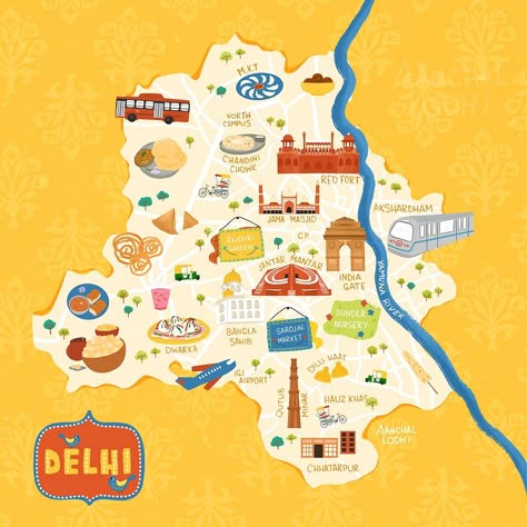 THEY DRAW…Maps! | This super sweet map of Dilwaalon ki Dilli (Delhi, India) was just submitted to THEY DRAW by Aanchal Lodhi(@by.aanchal ). It depicts a… | Instagram Delhi Illustration, City Infographic, Delhi Map, City Maps Illustration, Delhi Tourism, Chole Bhature, Delhi Sultanate, Maps Aesthetic, Map Sketch