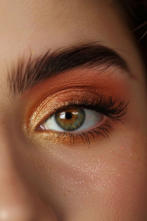 Orange Gold Eyeshadow, Sunset Eyeshadow Looks, Copper Eyeshadow Looks, Sunset Makeup Looks, Copper Makeup, Orange Shadow, Sunset Eyeshadow, Copper Eyeshadow, Makeup 2024