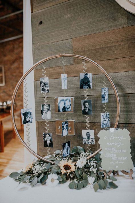 Hula Hoop Memory Table, Passed Ones At Wedding, Circle Wedding Decor, Wedding Ideas For Loved Ones Who Passed, Memory Wall For Wedding, Photo Displays For Parties, Memorial Board For Wedding, Diy Wedding Memorial Ideas, Wedding Ideas In Memory Of