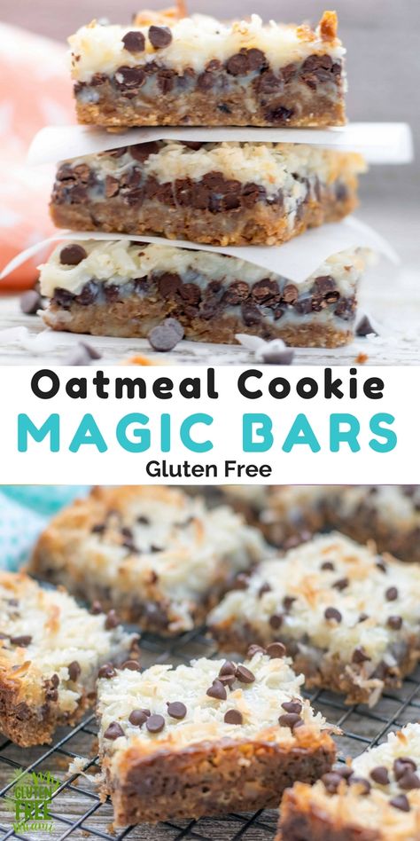 Never before has there been an easier cookie bar. A fun twist on the classic Magic Bar or 7 layer cookie bar, these cookie magic bars use an oatmeal cookie to create the tastiest crust ever, topped with gluten free chocolate and coconut, it's hard to resist just one. Quick and easy prep, these are perfect to throw together for a last  minutes treat. #glutenfree #glutenfreerecipes #magicbars #chocolate #coconut #easyrecipes #cookies via @GLUTENFREEMIAMI Gf Deserts Easy, Gluten Free Sheet Pan Desserts, Oatmeal Magic Cookie Bars, Quick And Easy Gf Desserts, Keto Cookie Bars Recipes, Best Gf Desserts, Gluten Free Bars And Squares, Quick Gf Desserts, Gf Squares