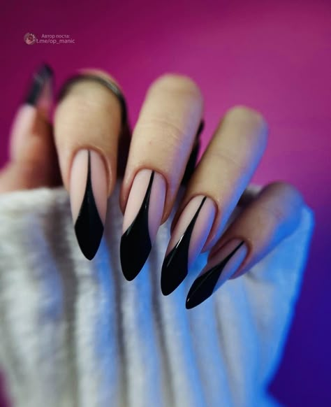 Wednesday Inspired Nails, Alternative French Manicure, Nails With Lines Design, Line Work Nails, Black Flame Nails, Punk Rock Nails, Alt Nails, Mix Match Nails, Geometric Nails