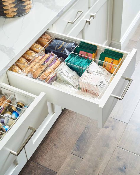 Spice Up Your Coffee and Tea Game With Stellar Drawer Storage Drawer Cup Storage, Coffee And Tea Cabinet Organization, Coffee And Tea Drawer Organization, Tea Drawer Organization Storage Ideas, Tea Drawer Organization, Tea Drawer, Coffee Drawer, Organizing Bags, Draw Organizer