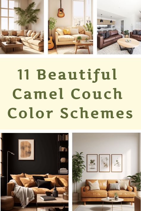 11 Beautiful Camel Couch Color Schemes Pillows On Leather Couch Color Schemes, Tan Couch Styling, Mustard Ottoman Living Room, Cognac Couches Living Room, Cream And Caramel Living Room, Living Room Inspiration Tan Couch, Camel Leather Sofa Living Rooms, Caramel Colored Couch, Caramel Furniture Living Rooms