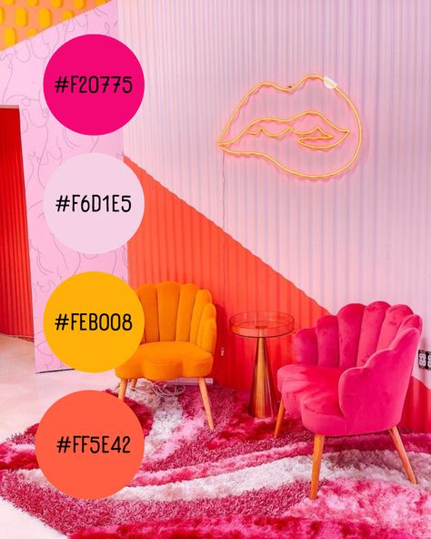 Fluorescent Pink Aesthetic, Pink Orange And Gold Room, Pink Orange Photoshoot, Pink And Tangerine Color Palette, Disco Cowgirl Color Palette, Pink And Orange Retro Aesthetic, Boss Babe Color Palette, Pink Orange Yellow Living Room, Pink Yellow Orange Bedroom