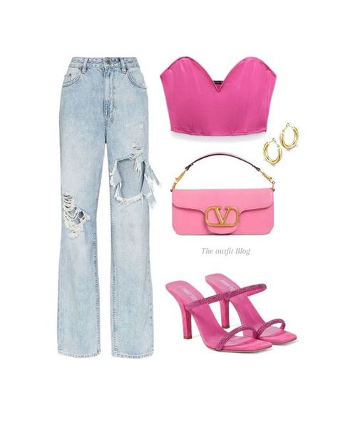 Denim And Pink Outfit, Ga Outfits, Denim Outfit Party, Outfit Ideas For Concert Night, Pink Night Out Outfit, Pink Concert Outfit Ideas, Funky Closet, Pink Brunch, Pink Concert