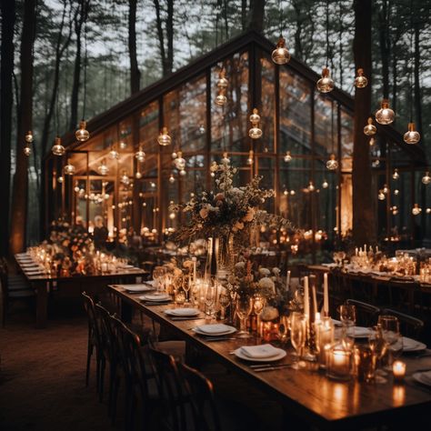 Twilight Wedding Decorations, Nighttime Forest Wedding, Wedding With Candles And Lights, Whimsical Reception Decor, Whimsical Wedding Venue Ideas, Twilight Style Wedding, Magic Forest Wedding Theme, Wedding Reception In The Woods, Moody Wedding Reception Decor