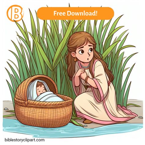 Miriam and Baby Moses TN Miriam Sister Of Moses, Moses Cartoon, Baby Moses Crafts, Moses Craft, Bible Clipart, Bible Cartoon, Bible Coloring Sheets, Bible Crafts Sunday School, Christian Illustration