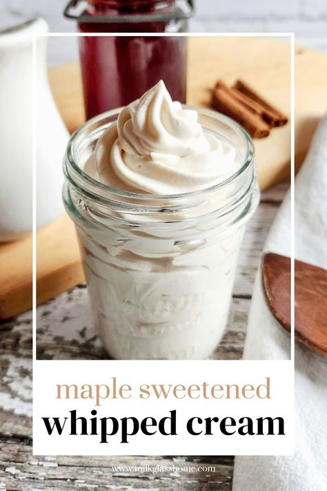 Whip up the most heavenly homemade whipped cream in a flash, and here's the kicker – it's sugar-free! This maple-flavored whipped cream brings the perfect sweetness and flavor to adorn your pies, cakes, hot cocoa, and more, using only three simple ingredients. Whipped Cream Flavors, Maple Cinnamon Whipped Cream, Maple Whipped Cream Recipe, Simple Whipped Cream, Maple Whipped Cream, Holiday Flavors, Flavored Whipped Cream, Fall Cake Recipes, Whipped Cream Recipe