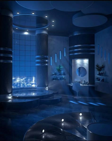 Dreamscape Architecture, 80s Interior, Futuristic Aesthetic, New Retro Wave, Blue Lights, Dekorasi Kamar Tidur, Liminal Space, Retro Interior, Liminal Spaces