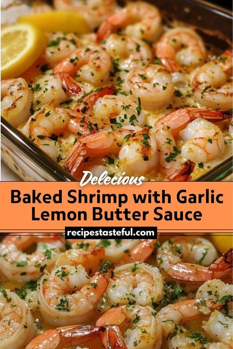 A quick and flavorful dish featuring large shrimp baked in a zesty garlic butter sauce with fresh lemon juice and a hint of heat. Perfect for a weeknight meal or an impressive appetizer. Garlic Baked Shrimp, Lemon Butter Shrimp, Garlic Lemon Butter Sauce, Easy Baked Shrimp, Lemon Shrimp Recipes, Shrimp With Garlic, Cooked Shrimp Recipes, Buttered Shrimp Recipe, Lemon Garlic Butter Shrimp