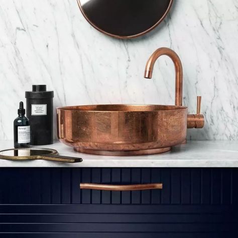 Copper Bathroom Fixture Ideas and Inspiration | Hunker Superfront Ikea, Garage Extension Ideas, Understairs Bathroom, Copper Bathroom Fixtures, Copper Bathroom Faucet, Bathroom London, Ikea Hacks Storage, Tiny Toilet, Garage Extension