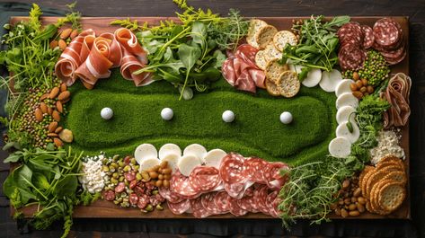 A golf-themed Father's Day charcuterie board designed to delight any golf-loving dad. The board features a green base of fresh arugula or spinach mimicking a putting green, complete with a pathway of prosciutto representing the fairway. Use small rounds of white cheese or mozzarella balls as golf balls, and strategically place them along the 'fairway'. Add sand traps made from small piles of finely chopped nuts or crumbled feta. Surround the green with a variety of meats, cheeses, and crackers, simulating the rough areas of a golf course. This playful and creative setup is not only a nod to Dad’s favorite hobby but also a delicious centerpiece for the celebration. Sand Trap Golf Food, Golf Appetizers Parties, Golf Charcuterie Board Ideas, Golf Themed Food Ideas, Golf Food Party, Golf Shower Ideas, Golf Themed Charcuterie Board, Golf Themed Food Party Ideas, Masters Party Food