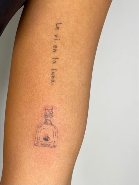 Cute Mexico Tattoo, Patron Bottle Tattoo, Meaningful Mexican Tattoo, Matching Tequila Tattoos, Cantarito Tattoo, Small Tequila Shot Tattoo, Small Mexico Tattoo, Tequila Bottle Tattoo, Tequila Tattoo Ideas