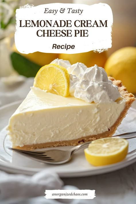 Lemonade Cream Cheese Pie - An Organized Chaos Pie Crust With Cream Cheese Recipe, Easy Lemonade Pie, Cream Cheese Lemonade Pie Recipe, Frozen Pie Crust Recipes, Lemonade Cream Cheese Pie, Lemonade Pie No Bake, Lemon Cream Cheese Pie, Frozen Lemonade Pie, Creamy Lemonade