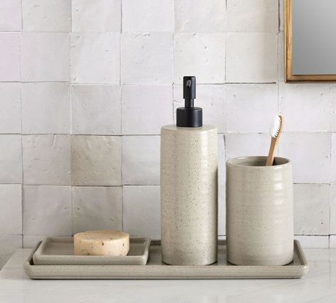 Speckled Ceramic Bathroom Accessories | Pottery Barn Teak Bathroom Accessories, Pottery Barn Bathroom, Ceramic Bathroom Accessories, Bathroom Counter Organization, Bathroom Containers, Bathroom Counter Decor, Ceramic Soap Dispenser, Decor Pottery, Counter Top Accessories