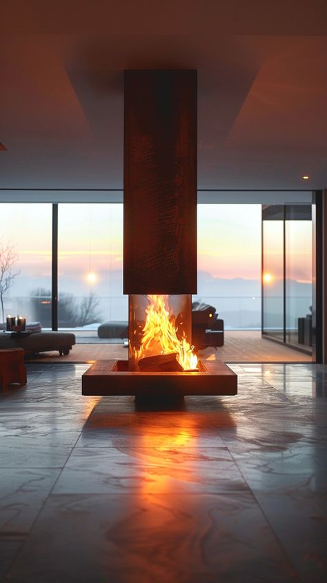 Download 'Cozy Fireplace Ambience' - Modern interior with a glamorous fireplace reflecting on a glossy floor as dusk sets outside. - Get this free stock photo and more high-quality images on StockCake. No attribution required. Large Freestanding Fireplace, Studio With Fireplace, Standalone Fireplace Living Rooms, Free Standing Round Fireplace, Indoor Open Fireplace, 360 Fireplace, Fireplace With Glass Doors, Fireplace Luxury, Standalone Fireplace