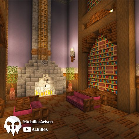 Minecraft Fire Places, Minecraft Mansion Interior Ideas, Medival Interior Minecraft, Library Design Minecraft, Minecraft Ceiling Design Interior, Minecraft Foyer Ideas, Hallway Ideas Minecraft, Minecraft Fancy Interior, Midevil Minecraft Interior