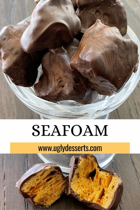 Homemade Seafoam Candy, How To Make Seafoam Candy, Chocolate Candy Bar Recipes, Seagram Candy, Idaho Spud Candy Recipe, Sea Foam Candy Recipe, See’s Candy Recipes, Sponge Candy Recipe Homemade, Unique Candy Recipes