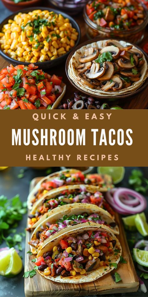 A vibrant image showcasing a delicious spread of vegetarian mushroom tacos. The top half displays bowls of fresh toppings: diced tomatoes, sweet corn, and sautéed mushrooms, all garnished with cilantro. Below, the bottom half features a wooden board with a row of assembled mushroom tacos, bursting with colorful ingredients like black beans, corn, tomatoes, red onions, and cilantro, all served in warm tortillas. The image emphasizes the freshness and healthy appeal of the dish. Vegetarian Tacos Recipes Black Beans, Healthy Vegetarian Tacos, Meatless Dishes Healthy, Plant Based Horderves, Meatless Tacos Recipes, Easy Healthy Taco Recipes, Mushroom Based Recipes, Vegan Mexican Food Recipes, Alkaline Raw Vegan Recipes