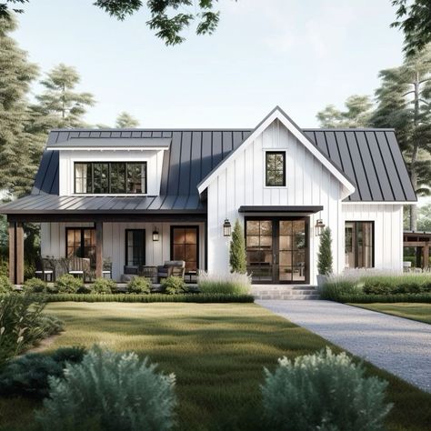 Modern Home Exteriors White, Rustic White House, White Farmhouse Landscape Ideas, Metal Roof Modern Farmhouse, Modern Southern Farmhouse Exterior, Modern Farmhouse With Metal Roof, Modern Farmhouse Metal Roof, Outdoor Modern Farmhouse Lighting, Modern Farmhouse Exterior Ranch Style