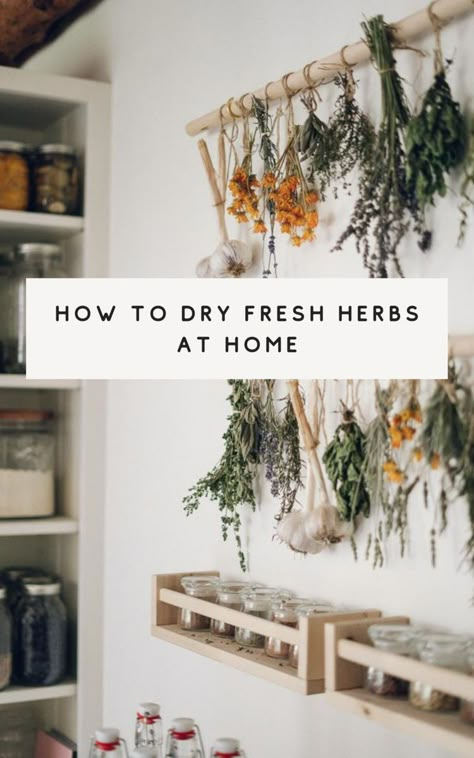 How To Hang Herbs To Dry, Indoor Apothecary Garden, Indoor Herb Garden Diy Kitchens, Hobbit Feast, Herbs Drying, Drying Fresh Herbs, Food Recycling, Herbs At Home, Witchcraft Diy