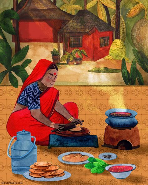 Nothing beats a wholesome home cooked meal. Extra points if the vegetables are grown in your backyard. Village Scene Drawing, Illustration Indian, Food Illustration Design, Coal Stove, Childhood Memories Art, Human Figure Sketches, Indian Illustration, Scene Drawing, Cooked Meal