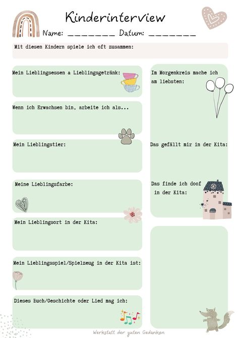 Die Idee kam uns neulich: ein Kinderinterview in verschiedenen Zeitabständen durchzuführen- eine schöne Erinnerung an die Kindheit und und Entwicklung... Portfolio Kindergarten, Kindergarten Portfolio, German Language Learning, Portfolio Inspiration, Bible Art Journaling, German Language, Kindergarten Teachers, Kindergarten Activities, Teaching Kids