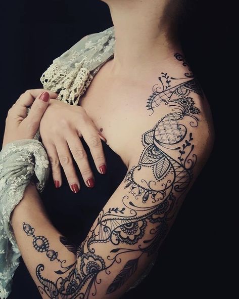 Lace Inspired Tattoos, Lace Doily Tattoo, Black Lace Tattoos For Women, Lace Mandala Tattoo Arm, Feminine Tattoos Sleeve Lace, Mandala Lace Tattoo, Lace Tattoo Design Vintage, Mandala Style Tattoo, Lace Flower Tattoos