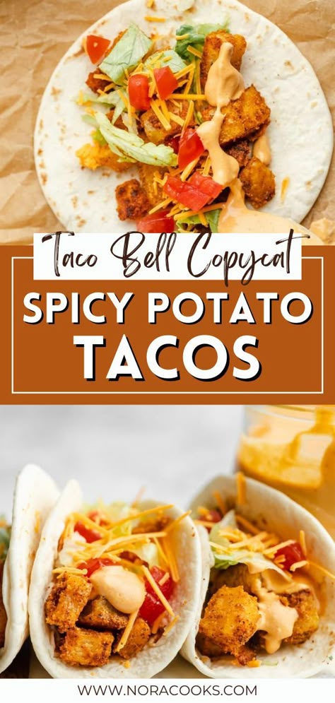 Spicy Potato Tacos, Vegan Chipotle Sauce, Taco Bell Chipotle Sauce, Taco Sauce Recipes, Taco Bell Copycat, Nora Cooks, Potato Sauce, Copycat Taco Bell, Crispy Baked Potatoes