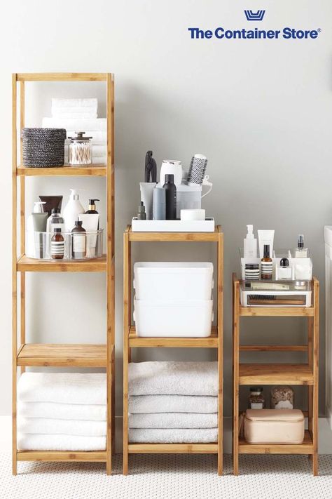 Get organized in an instant! Shop our shelving category and find great solutions for less than $100 at The Container Store. Bamboo Shelf Bathroom, Bathroom Floor Shelves, Bamboo Bathroom Shelf, Bathroom Open Shelving Storage, Iron Bookshelves, Bamboo Bathroom Ideas, Towel Storage For Small Bathroom, Bathroom Standing Shelf, Bathroom Shelving Ideas