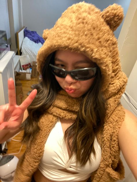 Jennie inspired rave fit #rave #raveoutfits #blackpink #kpop #edm Bear Rave Outfit, Warm Rave Outfits, Bear Ear Beanie, Winter Rave, Rave Fit, Ear Beanie, Bear Beanie, Kawaii Bear, Fluffy Knit