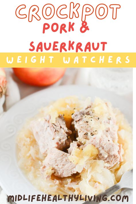 This simple and delicious pork and sauerkraut recipe is Weight Watchers friendly and is easy to make. This recipe is low in points making it a great healthy option for family dinners or sharing with friends at gatherings. Since this recipe is made in the Crockpot you don’t have to spend too much time in the kitchen and cleanup is a breeze! This delicious dish works with any of the myWW plans to help you stay on track throughout a busy week. Pork And Sauerkraut Crockpot, Crock Pot Pork And Sauerkraut Recipe, Crockpot Pork And Sauerkraut, Pork Sauerkraut, Pork Pot Roast, Pork And Sauerkraut Recipe, Pork And Sauerkraut, Sauerkraut Recipe, Crock Pot Pork