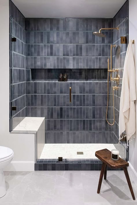 Grey Tones Bathroom Ideas, Blue Tile In Bathroom, Modern Tiled Shower Ideas, Blue Tile Showers, Navy Blue Shower Tile, Grey Tile Bathroom, Blue Grey Bathroom, Blue Tile Bathroom, Blue Shower Tile