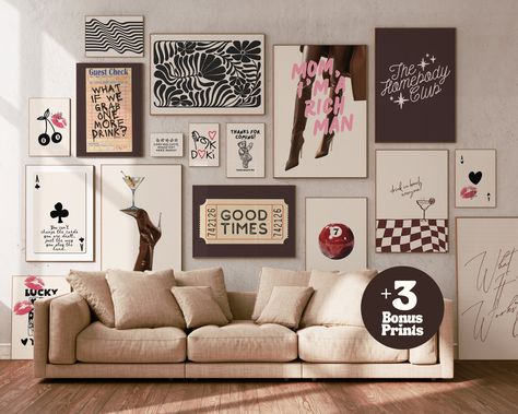 retro wall art set of 17 bundle prints funky decor, apartment decor aesthetic wall art trendy prints, neutral wall art  aesthetic room decor Neutral Art Aesthetic, Staggered Pictures On Wall, Trendy Wall Art Printable, Retro Home Aesthetic, Eclectic Gallery Wall Ideas, Retro Photo Wall, Cute Apartment Aesthetic, Unique Gallery Wall Ideas, Funky Gallery Wall