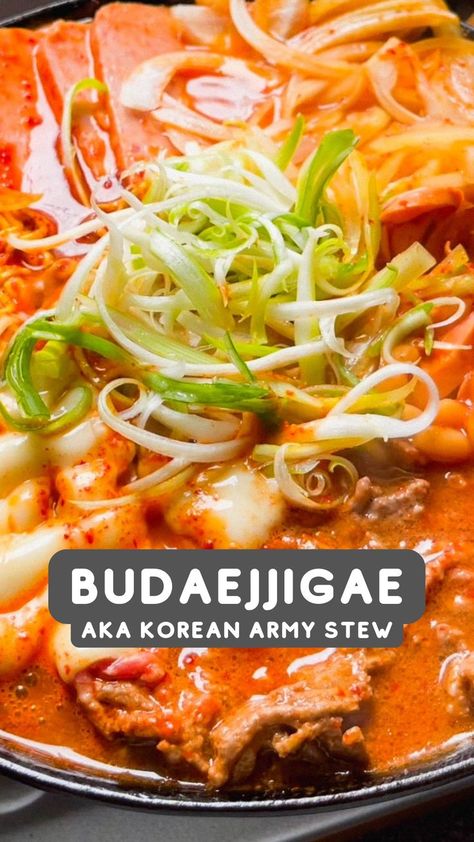 “Budae” in Korean means army and “jjigae” means stew. Comprised of a hodge-podge of Western and Eastern ingredients, budaejjigae is a living (and delicious!) artifact from a darker time during the Korean War. Budajigae Recipe, Budae Jjigae Aesthetic, Health Salads, Budae Jjigae, Asian Cusine, Baking Treats, Easy Peasy Recipes, Cooking Stuff, Meals Ideas