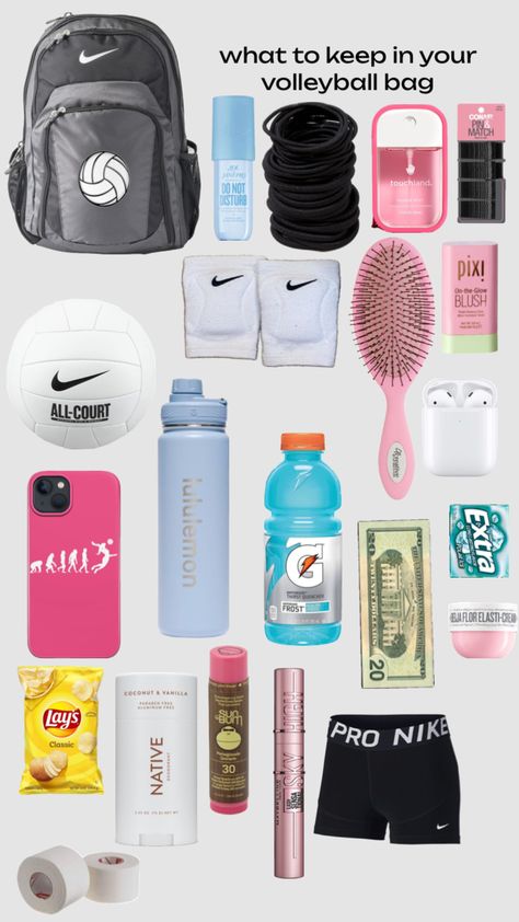 what to keep in your volleyball bag Sports Bag Essentials, Volleyball Essentials, Volleyball Fits, V Ball, Volleyball Accessories, Volleyball Equipment, Volleyball Tryouts, Volleyball Things, School Backpack Essentials