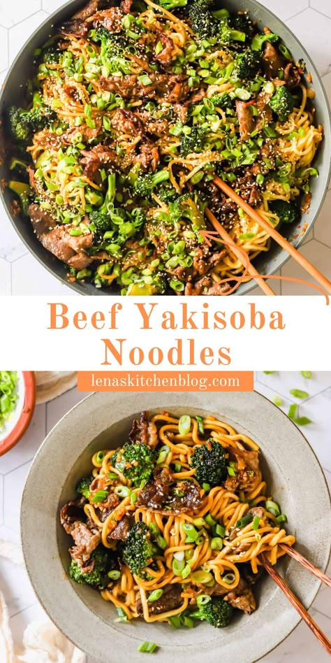 Yakisoba Recipe Ground Beef, Beef And Broccoli Yakisoba, Steak And Snow Pea Yakisoba, Spicy Yakisoba Noodles, Steak Soba Noodles Recipe, Yakisoba Recipe Authentic, Ground Beef Soba Noodles, Hamburger Yakisoba Recipe, Healthy Yakisoba Recipe