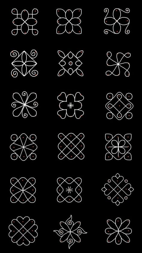 Simple Dot Kolam Designs, Dot Kolam Simple, Side Borders For Rangoli, Muggu Border Designs, Mini Rangoli Designs, Side Muggulu Designs, Mugullu Rangoli Designs, Border Design Rangoli, Flower Kolam With Dots