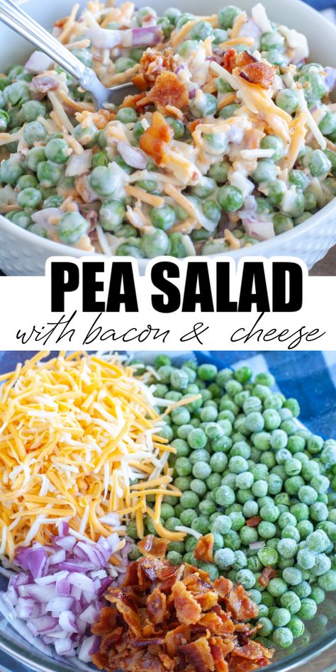 Bowl of peas, cheese, bacon and onion. Pea Onion Bacon Salad, Bacon Pea Salad 12 Tomatoes, Bacon And Pea Salad, Loaded Pea Salad, Sweet Pea Side Dishes, Easy Side Salads Simple, Best Side Salads For Bbq, Easter Pea Salad, Cook Outside Side Dishes Cold