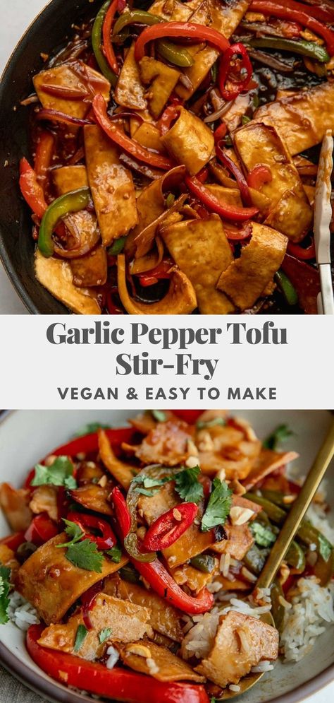 This Garlic Pepper Tofu Stir-fry combines strips of pepper and tofu together in a savory, glossy stir-fry sauce. Easy to prep and cooks in less than 30 minutes. Vegetarian Stirfry Ideas, Vegan Pepper Recipes, Tofu Stir Fry Recipe, Veganuary Recipes, Recipes With Tofu, Clean Nutrition, Pepper Tofu, Tofu Stir Fry, Tofu Dishes