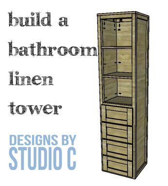 DIY Furniture Plans to Build a Bathroom Linen Tower | Designs by Studio C | Easy to Build Furniture Plans for All Skill Levels! Diy Bathroom Vanity Plans, Bathroom Linen Tower, Build A Bathroom, Bathroom Diy Ideas, Bathroom Cabinets Diy, Cabinet Diy, Diy Bathroom Vanity, Build Furniture, Diy Furniture Bedroom