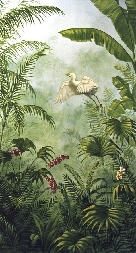 Egret, Jungle 숲 사진, Jungle Mural, Jungle Art, Nature Artists, Art Tropical, Plant Wallpaper, 수채화 그림, In The Jungle, Art Et Illustration