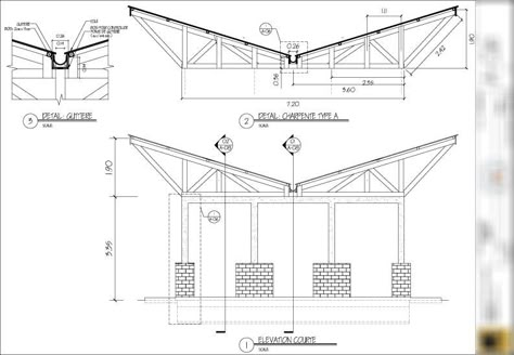 Drawing: Inverted Truss with Gutter Detail Roof Drawing, Roof Truss Design, Butterfly Roof, Roof Construction, Roof Architecture, Roof Trusses, Roof Structure, Patio Roof, Construction Details