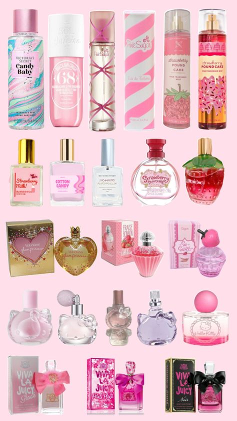 hello kitty, b&bw, and juicy couture perfumes Pink Candy Perfume, Cute Perfume Bottles Aesthetic, Candy Scented Perfume, Strawberry Milk Perfume, How To Smell Like Cotton Candy, Smell Like Cotton Candy, Cotton Candy Perfume, Pink Perfumes, Cotton Candy Scent