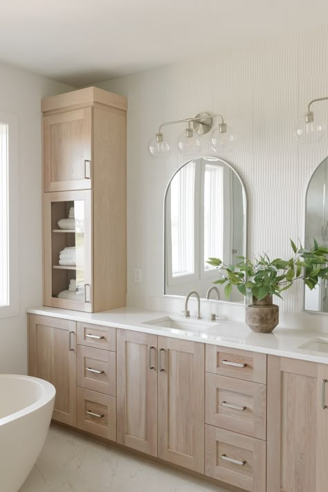 Transitional Cottage Bathroom, White Marble Bathroom Floor Wood Vanity, Primary Bathroom Transitional, Bathroom Light Wood Vanity, Bathroom White Oak Vanity, French Style Bathroom Ideas, Primary Bathroom Vanity, Light Wood Bathroom Vanity, Oak Vanity Bathroom